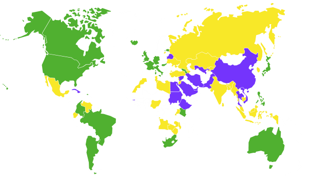 Global map of Freedom House's FOTN2014. Countries in green are ranked "free," in yellow "partly free," and in purple "not free."