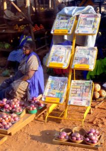 Newspaper stand in Kampala, Uganda.